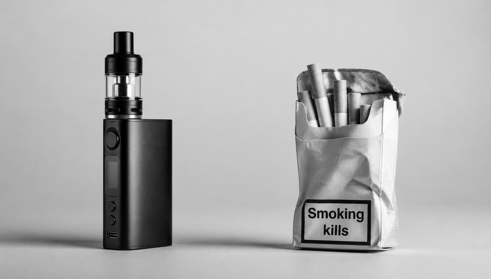 Modern vape device beside a pack of traditional cigarettes, comparing health-conscious choices