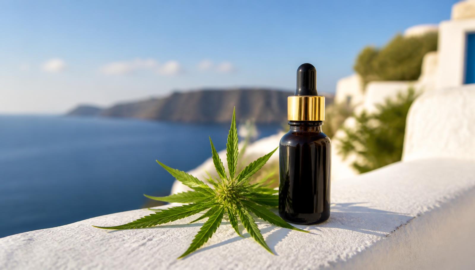 CBD oil dropper bottle with hemp leaves on a whitewashed wall overlooking the Mediterranean coast near Moraira