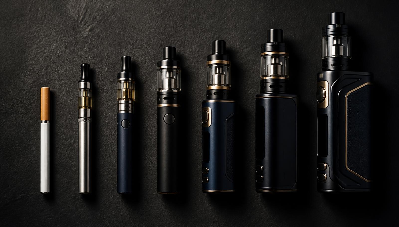 Row of vape devices arranged from early cigarette-style e-cigarette to modern box mod, showing the history of vaping