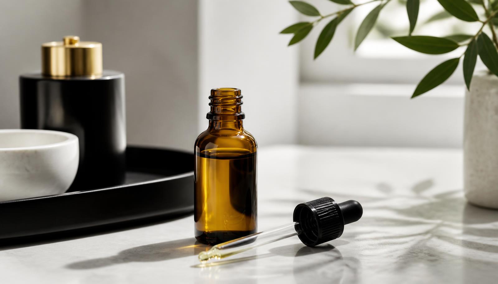 Amber glass CBD oil bottle with a glass dropper on a marble surface, as stocked at The Vape Lounge Moraira